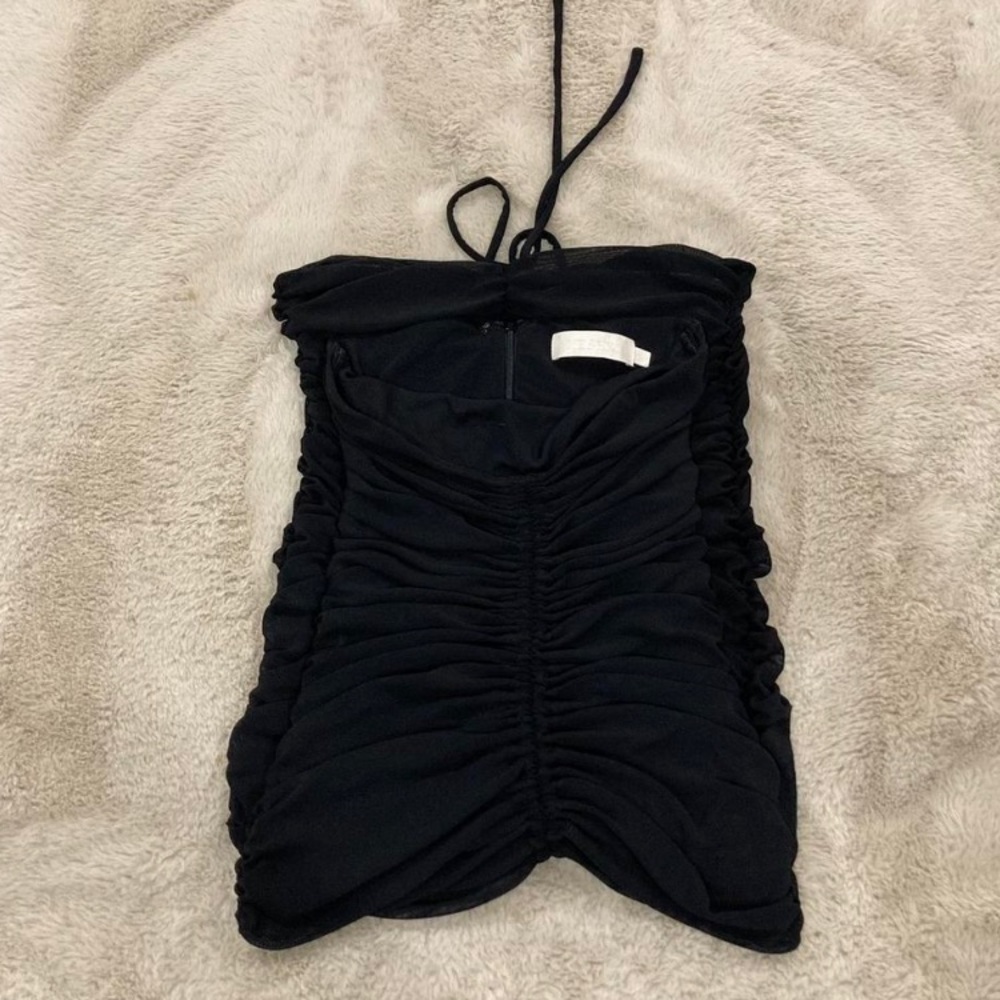 Meshki strapless black mesh ruched midi dress